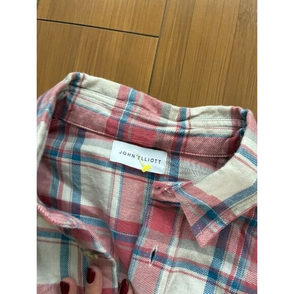 John Elliott Sly Cotton Straight Hem Plaid Shirt Red Pink White 2 Medium - Picture 3 of 6